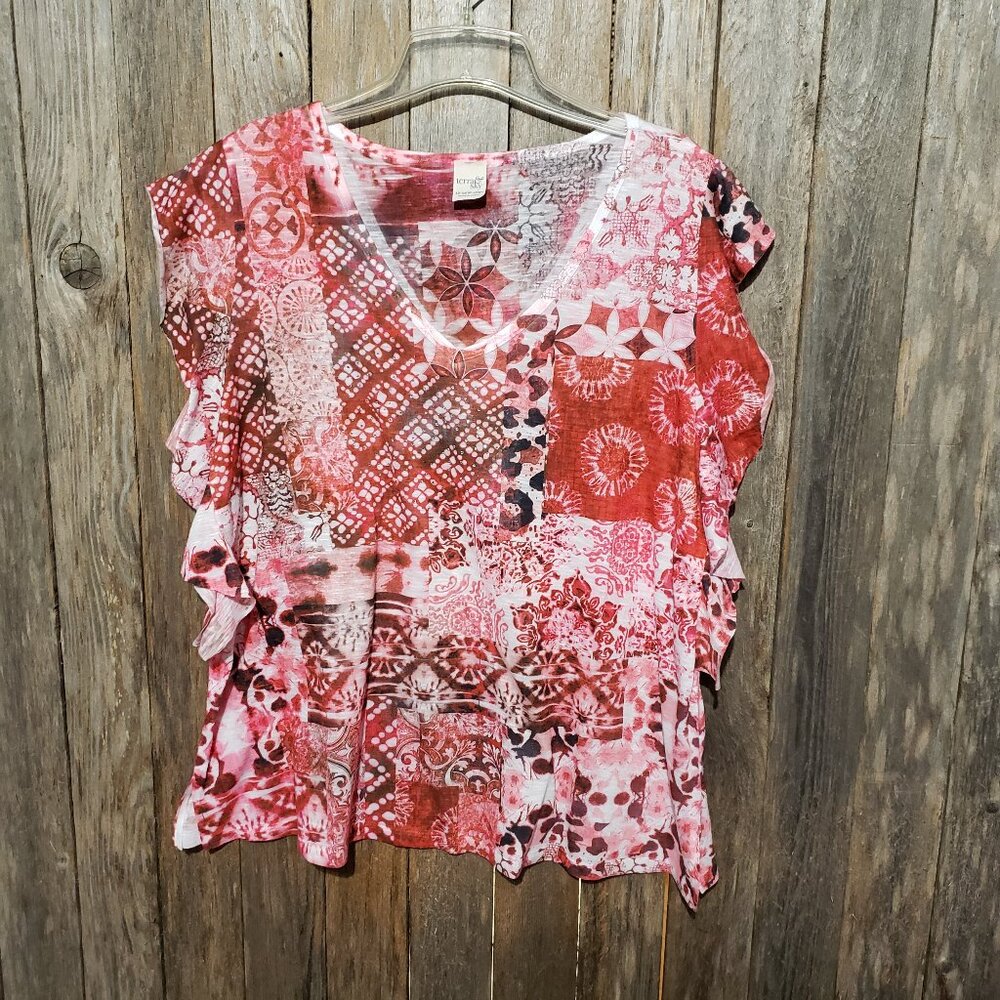 Terra Sky 1X 16‎ 18 Top Blouse Pink Print V Neck Ruffle Sleeveless Stretch Plus